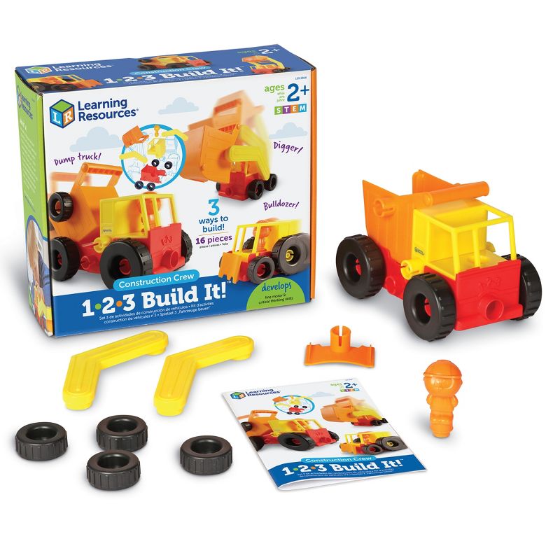Learning Resources 1-2-3 Build It! Bulldozer, Digger, Dump Truck, 17 Pieces, 1 of 8