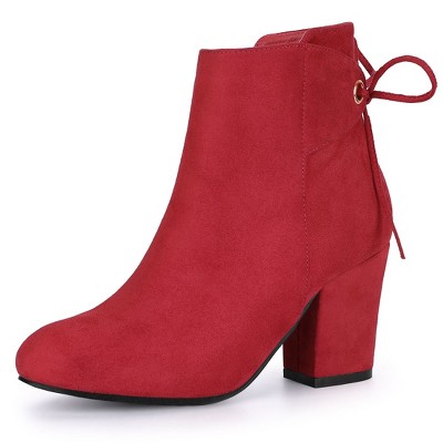 Allegra K Women's Round Toe Block Heel Back Zipper Ankle Boots Red 7 ...