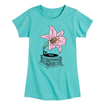 Girls' - Instant Message - Record Player Lily -Youth Girls Short Sleeve T-Shirt Fitted Short Sleeve Graphic T-Shirt