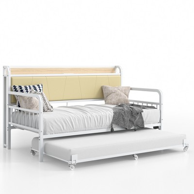 VECELO Daybed with Trundle Bed, Bed Frame with Storage Headboard and Charging Station, Sofa Day Bed with Strong Support for Living Room or Bedroom