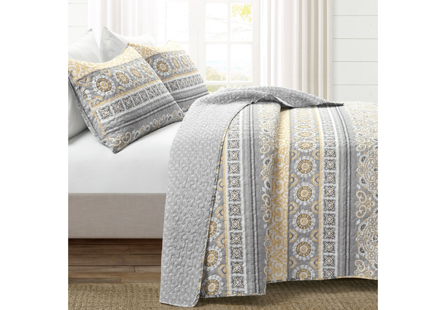 Покрывала Lush Decor Nesco Stripe Reversible Cotton Quilt Yellow/Gray 3Pc Set, цвет: Полосатый — фото 2