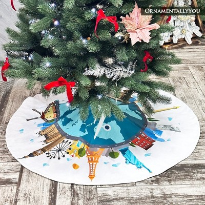 Multicolored World Landmark Christmas Tree Skirt, 48 Inches