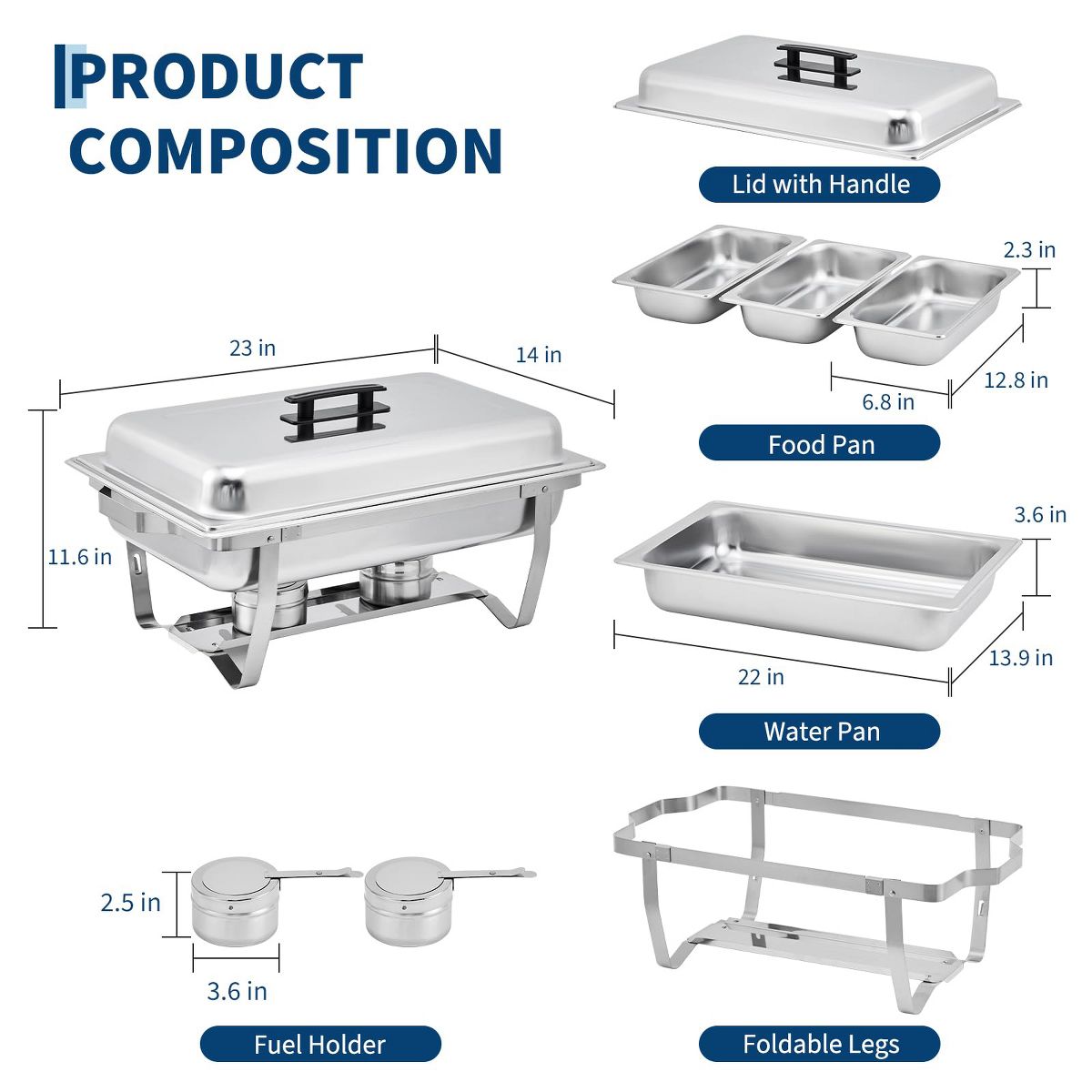 Professional Stainless Steel Chafing Dish Buffet Set, 3-Well Rectangular Food Warmer Trays for Catering & Weddings - thumbnail 2