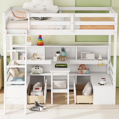 NicBex Twin Loft Bed Wooden Bed Frame with Storage Shelf, Desk, 2 Drawers, 2 Benches, Ladder and Full Length Guardrail, No Box Spring Required, White