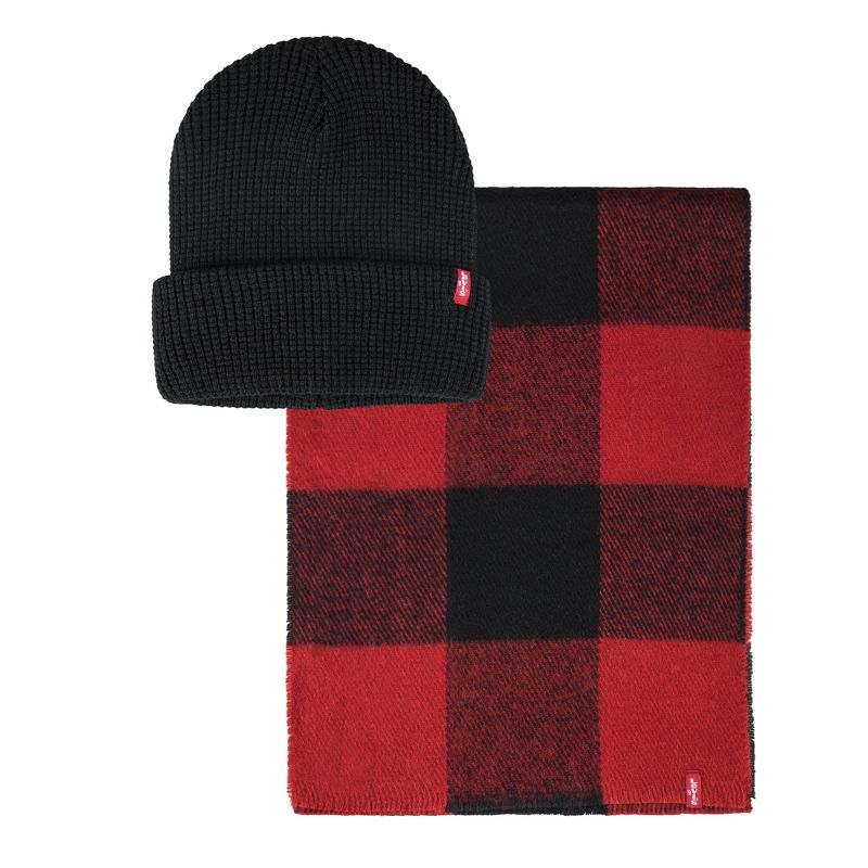 Levi's Men's Waffle Knit Beanie Hat and Plaid Scarf Set, 1 of 6
