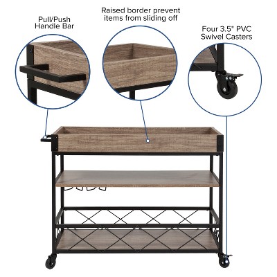 Buckhead Light Oak and Iron Rectangular Bar Cart with Wine Storage
