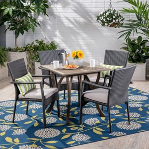 Christopher Knight Home Ferris Outdoor Acacia Wood and Wicker 5 Piece Dining Set with Cushions - 1 of 4