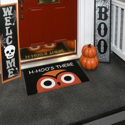 30" Black and Orange Owl Head Coir Doormat