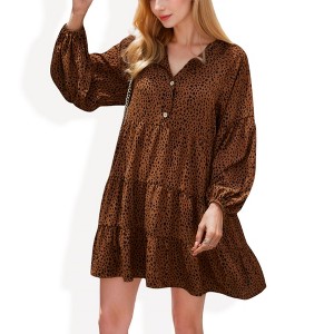 Anna-Kaci Women's Leopard Print Mini Dress with Long Lantern Sleeves for Casual Looks - Small, Brown - 1 of 4