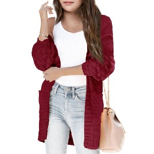 Girls Sweater Cardigan Open Front Longline Sweater Cable Knit Sweater Long Sleeve Color Block Sweater,Dark Red(with Pocket) - S - 1 of 3