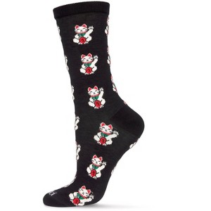 Memoi Maneki-Neko Bamboo Blend Crew Socks Black 9-11 - 1 of 4