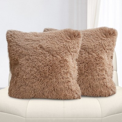Set of 2 Beige Shaggy Faux Fur Throw Pillows