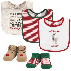 Hudson Baby Unisex Baby Cotton Bib and Sock Set, Rudolph, One Size - 1 of 4