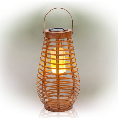 Alpine Corporation 15" Metal Cylindrical Outdoor Lantern with Flickering LED Light Brown