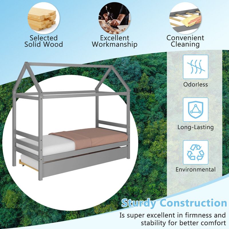 Tangkula Twin House Bed Frame w/ Trundle Roof Wooden Platform Mattress Foundation, 5 of 10