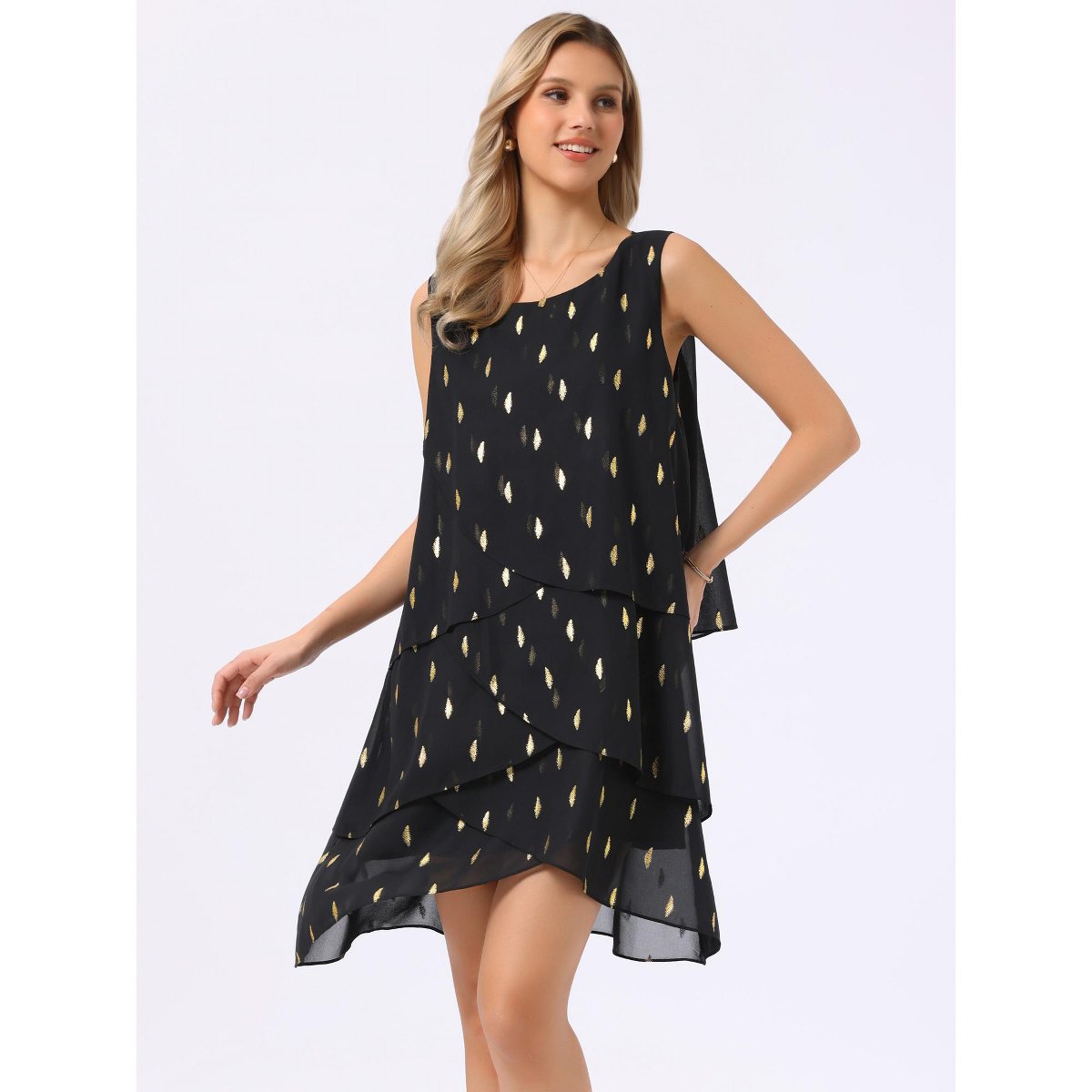 Женские платья INSPIRE CHIC Women's Chiffon Sleeveless Crewneck Metallic Foil Print Tiered Layered Flowy Dress Medium Black — фото 4