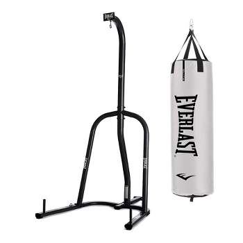 Everlast 100 Pound Max Heavy Duty Powder Coated Steel Heavy Bag Stand with Elite 2 Nevatear 80 Pound Heavy Punching Bag w/Dual Hanging Strap, White