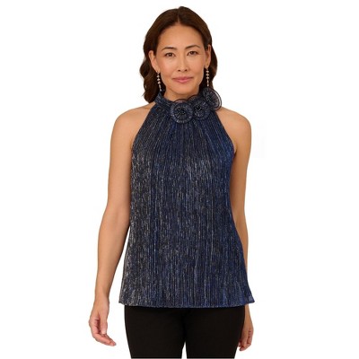 Adrianna Papell Womens Metallic Halter Top Shirt, Blue, 12