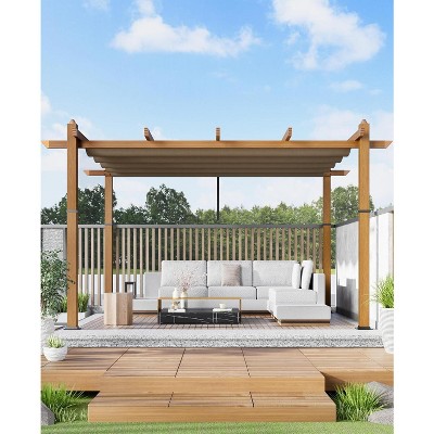 Garvee 10x10ft Outdoor Aluminum Pergola Retractable UPF50+ Canopy, Wood Grain Frame, Khaki Curtain, Tool-Free Assembly