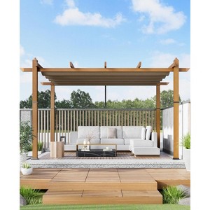 Garvee 10x10ft Outdoor Aluminum Pergola Retractable UPF50+ Canopy, Wood Grain Frame, Khaki Curtain, Tool-Free Assembly - 1 of 4