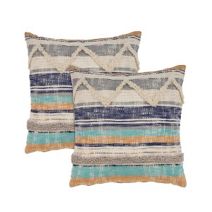 HomeRoots Set of Two Blue Striped Cotton Throw Pillow With Fringe - 1 of 4