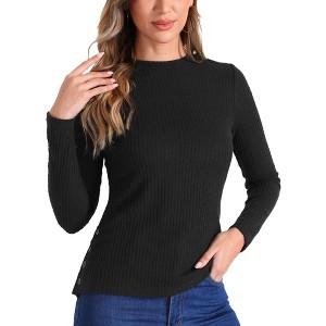 Allegra K Women's Stretch Long Sleeve Crew Neck Casual Knit Sweater Top - 1 of 4