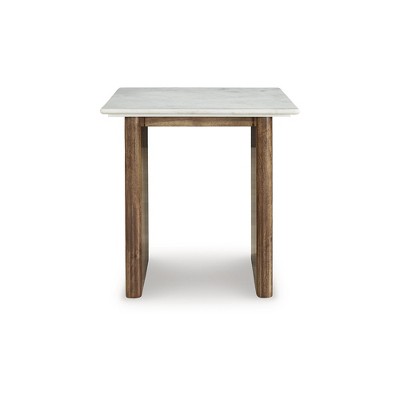 Light Brown and White Mango Wood End Table with Marble Top