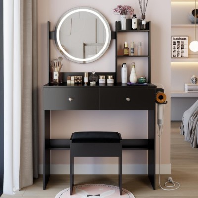 17" round LED mirrored dressing table + padded stool with 2 AC + 2 USB power outlets