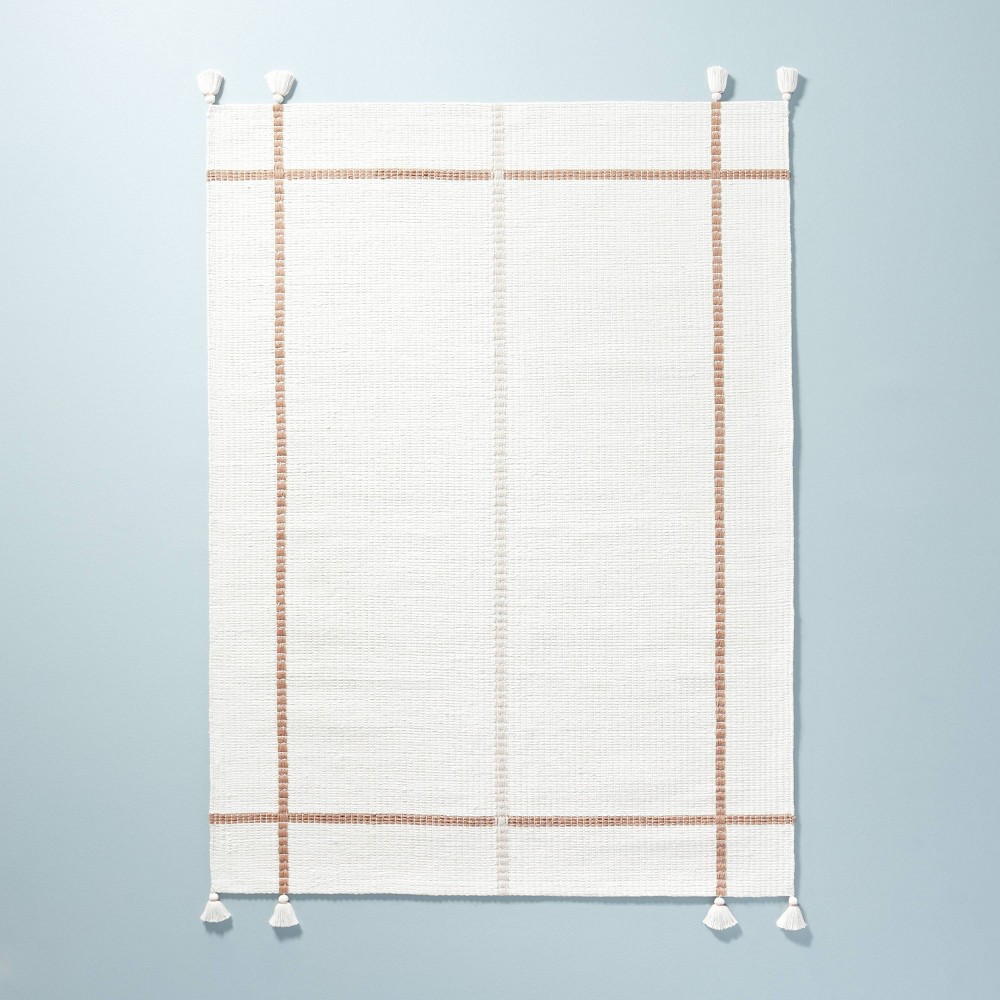 5' x 7' Bold Cross Stripes Tassel Area Rug Cream/Tan - Hearth & Hand™ with Magnolia