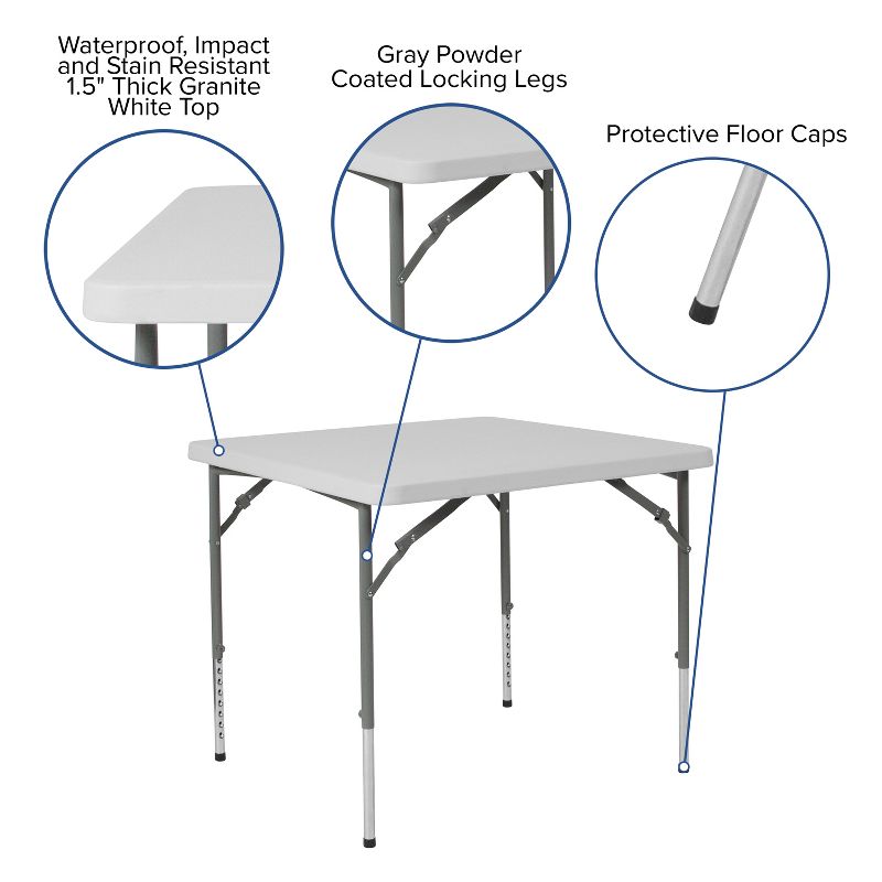 Flash Furniture 2.79-Foot Square Height Adjustable Granite White Plastic Folding Table, 4 of 11