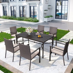 Captiva Designs 7pc Outdoor Patio Black Steel Dining Table with Umbrella Hole & Cushioned Armrest Rattan Chairs - 1 of 4