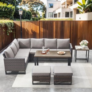 Buenhomino Patio Furniture Set with Thick Cushion, High Back Outdoor Sectional Sofa and Metal Coffee Tables, 7PCS Wicker Conversation Set - 1 of 4