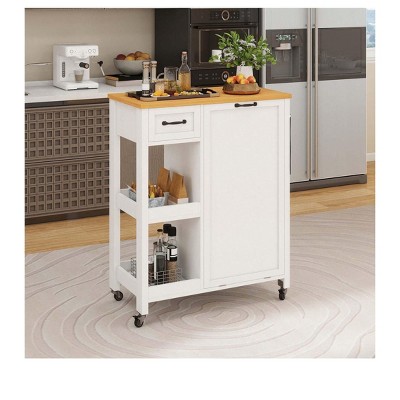 Kitchen Island Cart on Wheels with Storage Cabinet Rolling Portable Dining Room Serving Utility Carts Mobile Movable for 13 Gallon Garbage Bin