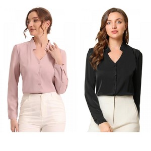 INSPIRE CHIC Women's Elegant V Neck Work Office Button Up Shirt 2 Packs - 1 of 4