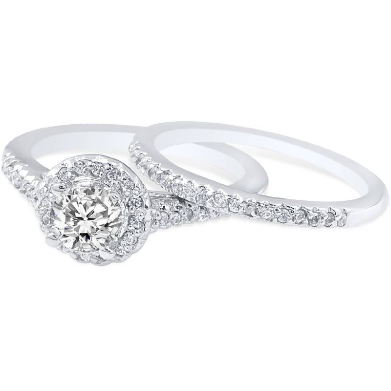 Pompeii3 3/4ct Diamond Halo Wedding Engagement Ring Set 10K White Gold, 2 of 5
