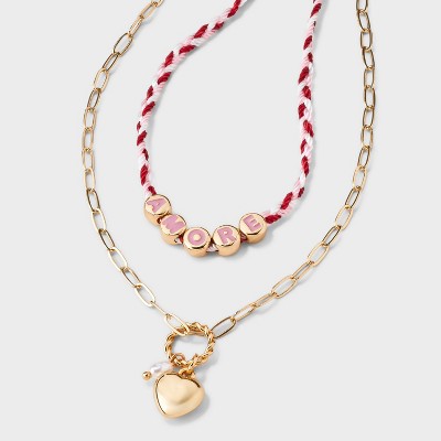 Amore and Heart Charm Pendant Necklace Set 2pc - Universal Thread™ Gold/White/Red