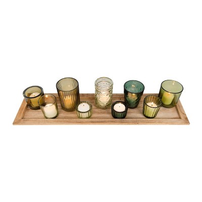 Rustic Wood Tray with Green Glass Votive Candle Holders