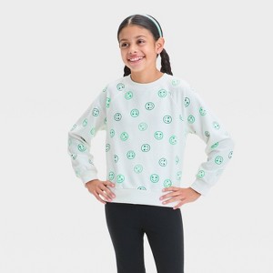 Girls' 'St. Patrick's Day Smiley' Crewneck Pullover Fleece Sweatshirt - Cat & Jack™ Cream - 1 of 3