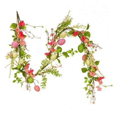 National Tree Company 60" Artificial Spring Garland, Vine Stem Base, Decorated with Pastel Eggs, Pink Flowers, Berries, Easter Collection