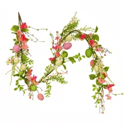 National Tree Company 60" Artificial Spring Garland, Vine Stem Base, Decorated with Pastel Eggs, Pink Flowers, Berries, Easter Collection