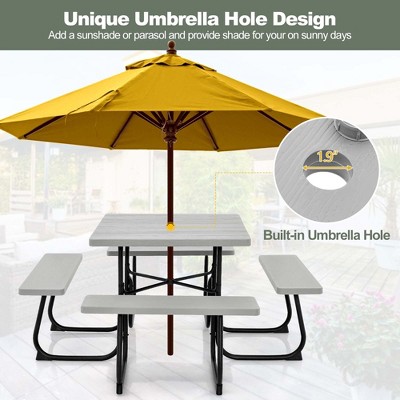 Gray HDPE Outdoor Square Picnic Table with 4 Benches and Umbrella Hole