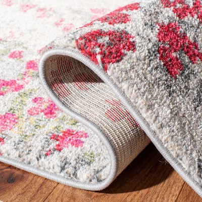 Ivory and Pink Square Synthetic Stain-Resistant Area Rug