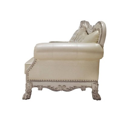 Dresden White Faux Leather Tufted Camelback Sofa with Nailhead Trim