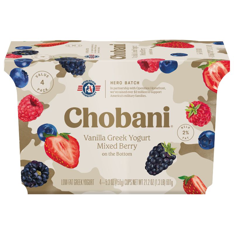 Chobani Mixed Berry on the Bottom Low-Fat Vanilla Greek Yogurt - 4ct/5.3oz Cups, 1 of 14