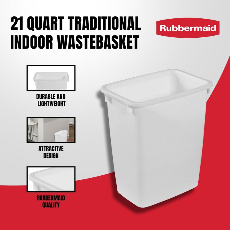 Rubbermaid 21 Quart Traditional Open-Top Wastebasket Indoor Trash Bin Container for Kitchens, Bathrooms, or Home Offices, White, 2 of 7