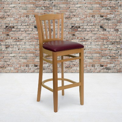 Natural Wood Barstool with Burgundy Vinyl Seat