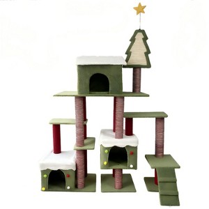 Gulches Red Christmas Cat Tree Tower 54 inch Multi-Level Plush Wooden Sisal Wide Base Indoor Big Cats Holiday Condo Furniture - 1 of 4