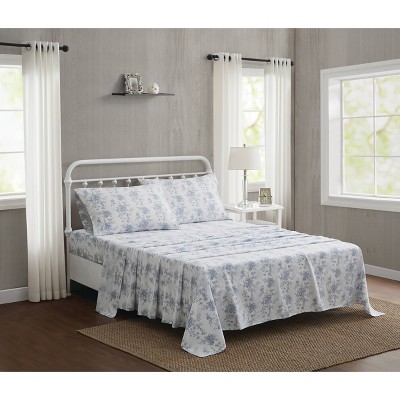 King White and Blue Cotton Floral Percale Sheet Set