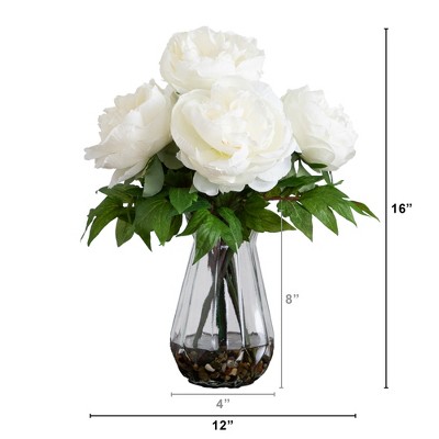 Nearly Natural 16-in Artificial Pink Peony Arrangement in Glass Vase, White