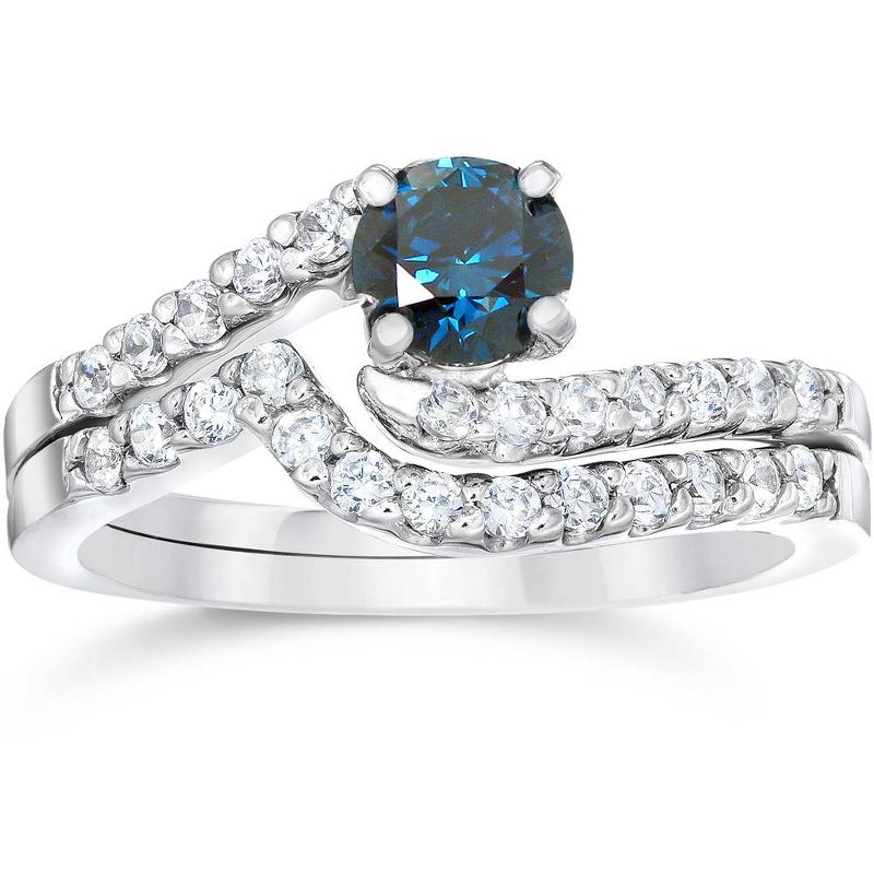 Pompeii3 3/4ct Blue & White Diamond Engagement Wedding Ring Set 14K White Gold, 1 of 6